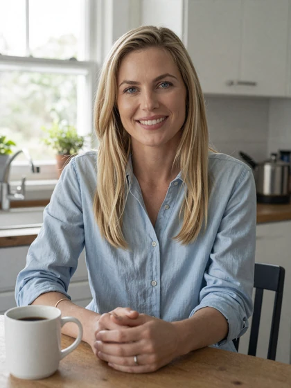 Emma, 36, friendly Datempire member smiling in a casual chambray shirt at home