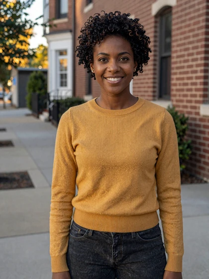 Janelle, 39, single Datempire member smiling outdoors on a brownstone street