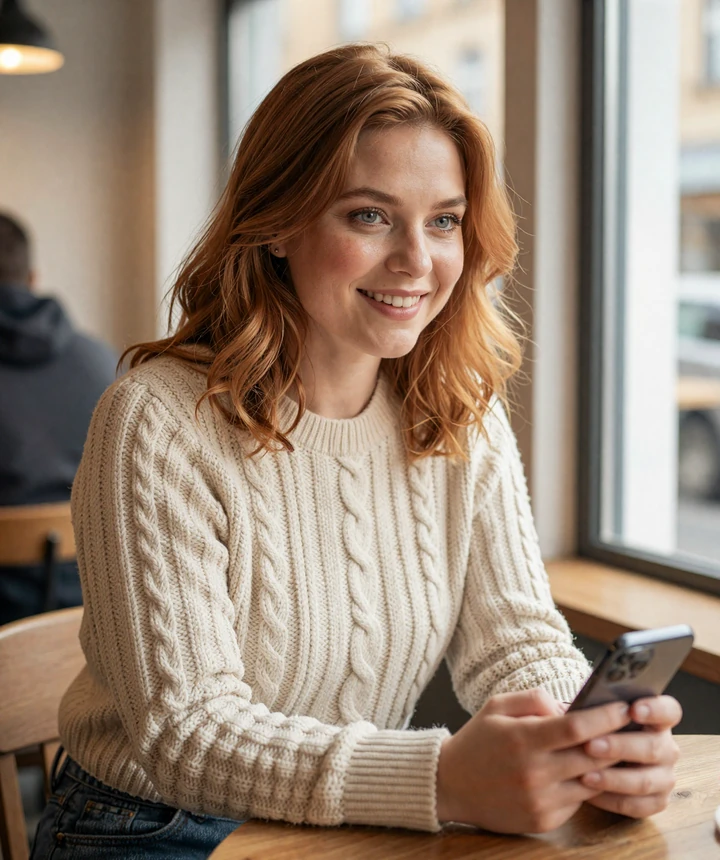 Hannah, a 38-year-old Datempire member, smiling in a casual sweater while reviewing matches in a coffee shop