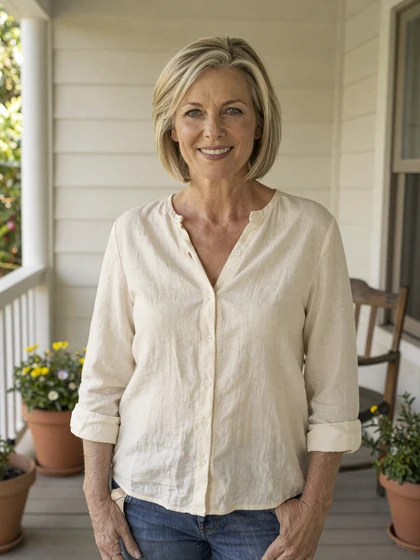 Karen, 52, empty-nester and Datempire member smiling on a wooden front porch in cream linen