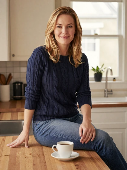 Rachel, 40, single mom and Datempire member smiling at her kitchen counter with morning coffee
