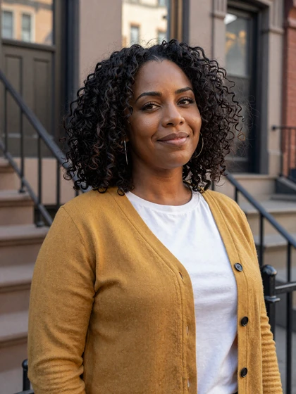 Diana, 44, post-divorce Datempire member smiling on a Brooklyn brownstone stoop at golden hour